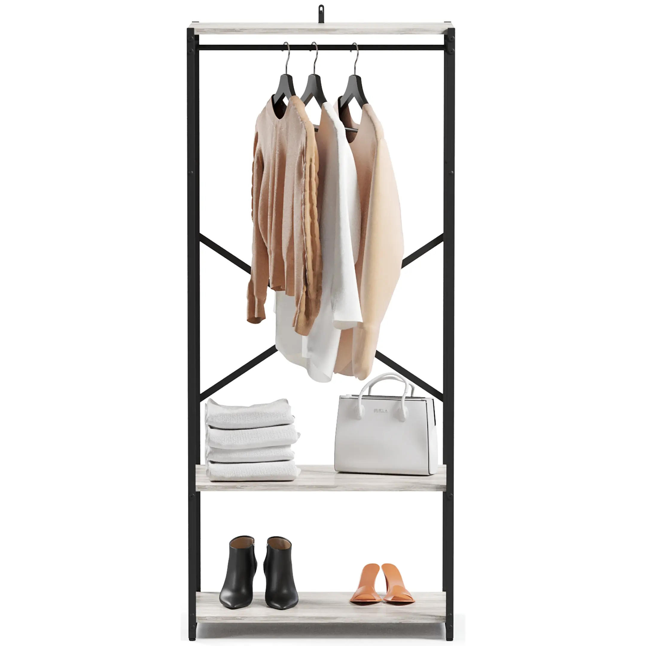 стеллаж gutta 1600х690х450 (3 полки, перекладина для одежды) каркас чёрный, настил патина