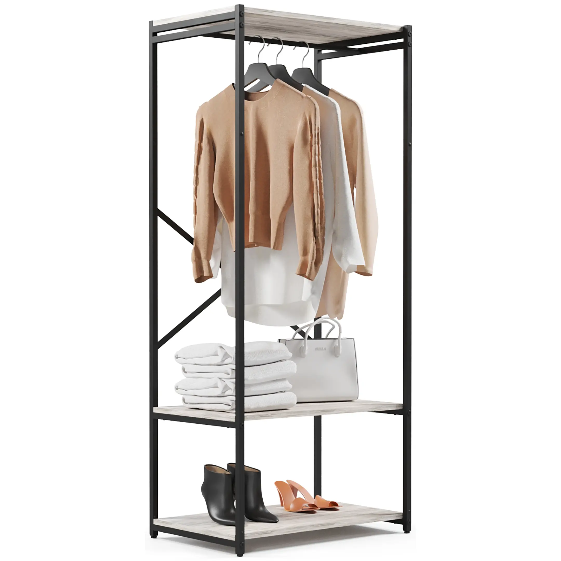 стеллаж gutta 1600х690х450 (3 полки, перекладина для одежды) каркас чёрный, настил патина