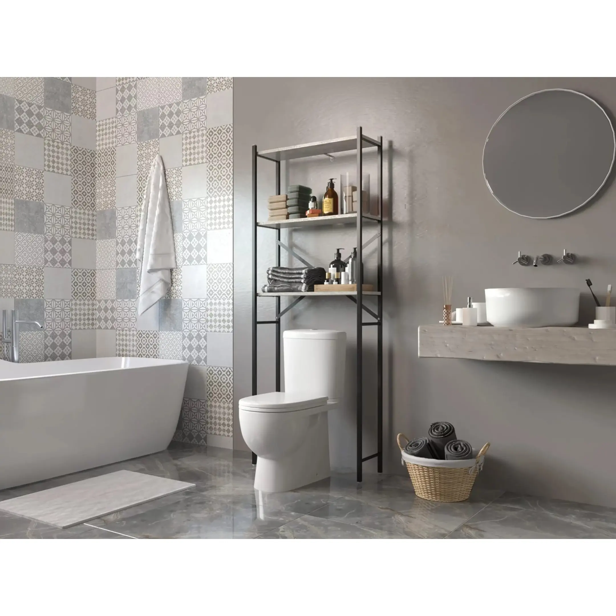 стеллаж для ванной комнаты gutta 1800х690х250 (3 полки) каркас чёрный, настил коричневый