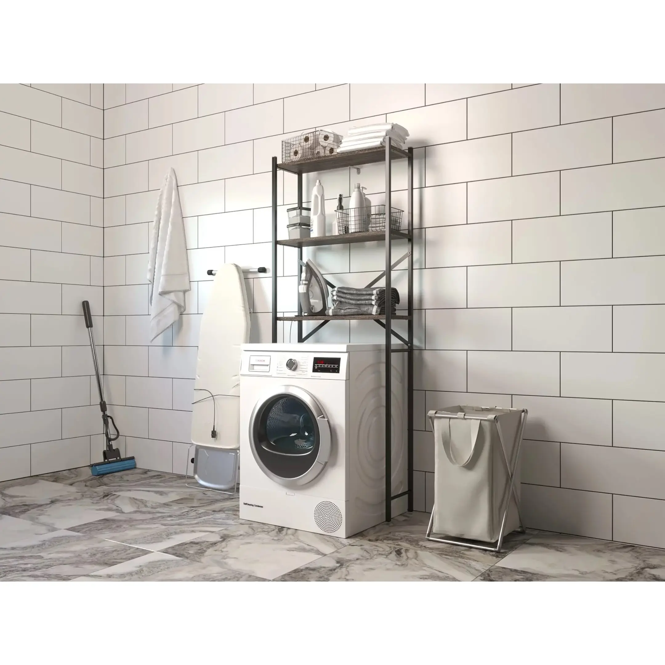 стеллаж для ванной комнаты gutta 1800х690х250 (3 полки) каркас чёрный, настил коричневый