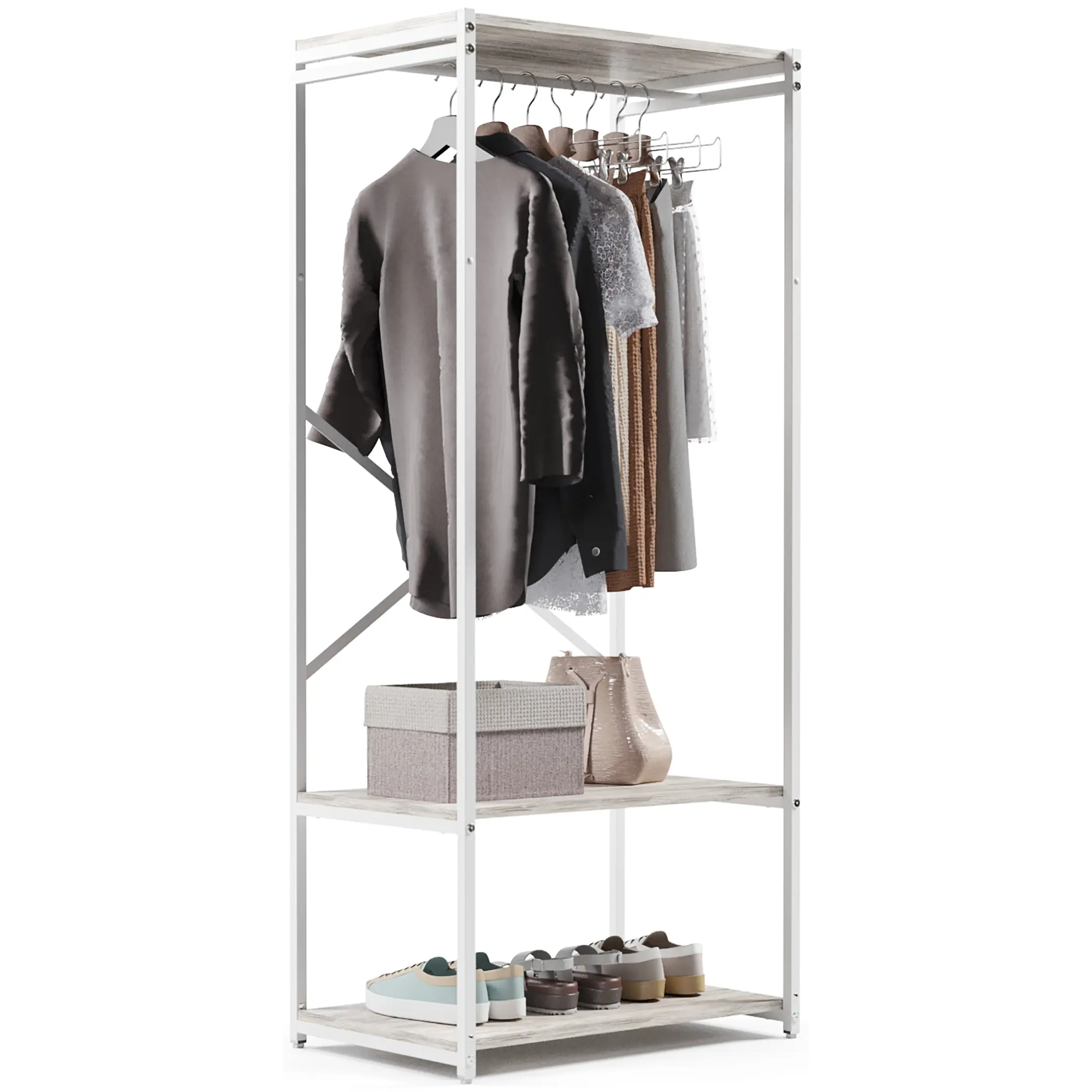 стеллаж gutta 1600х690х450 (3 полки, перекладина для одежды) каркас белый, настил патина